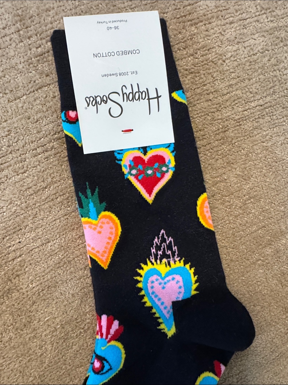 Happy Unisex Socks Black Socks with Multicolor Heart Motifs